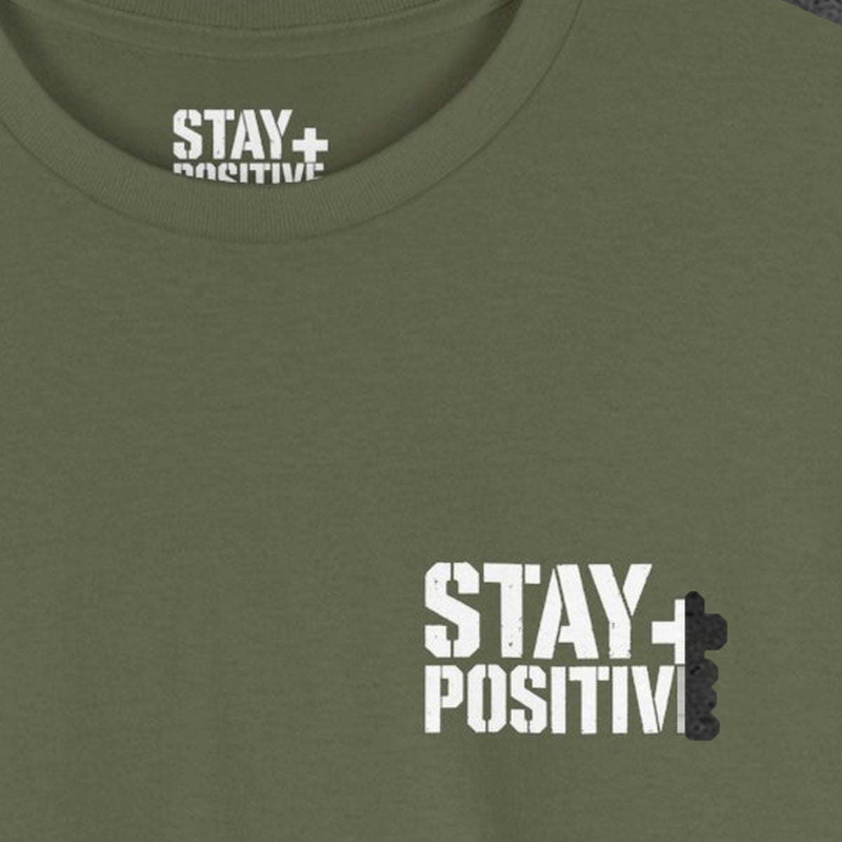 No Struggle No Strength Tee – Stay Positive – Military Green – front print close-up