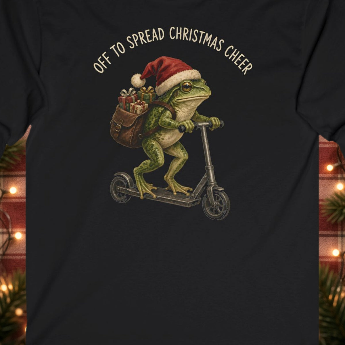 Off to Spread Christmas Cheer Christmas Long Sleeve Tee – Black – front print close-up