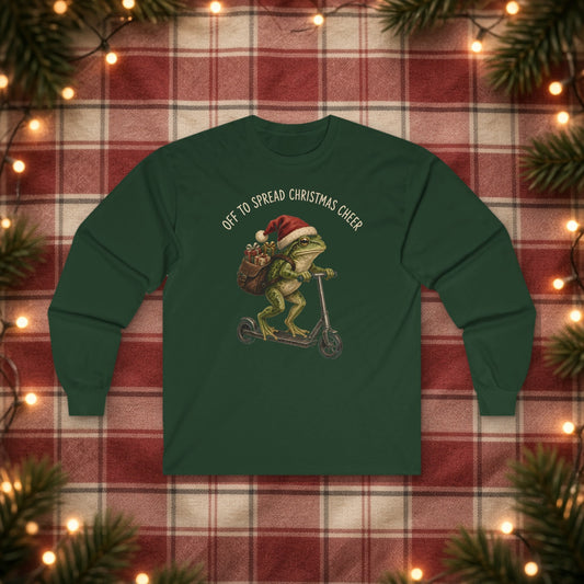 Off to Spread Christmas Cheer Christmas Long Sleeve Tee – Forest Green – front
