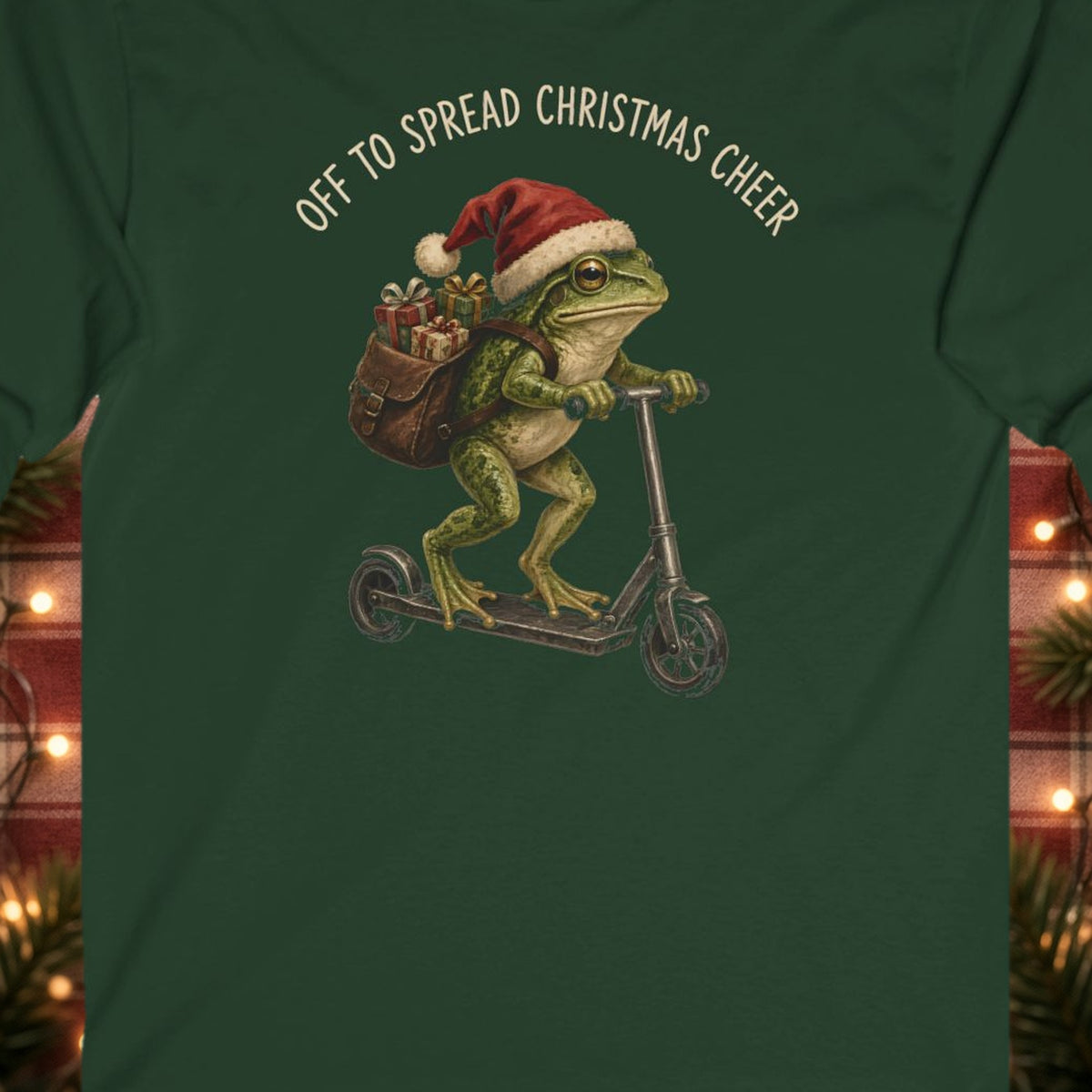 Off to Spread Christmas Cheer Christmas Long Sleeve Tee – Forest Green – front print close-up