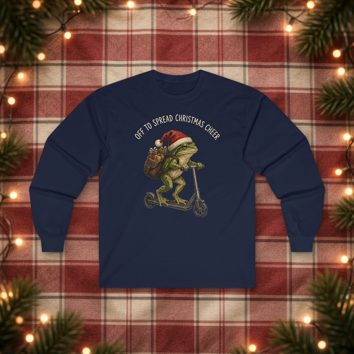 Off to Spread Christmas Cheer Christmas Long Sleeve Tee – Navy – front