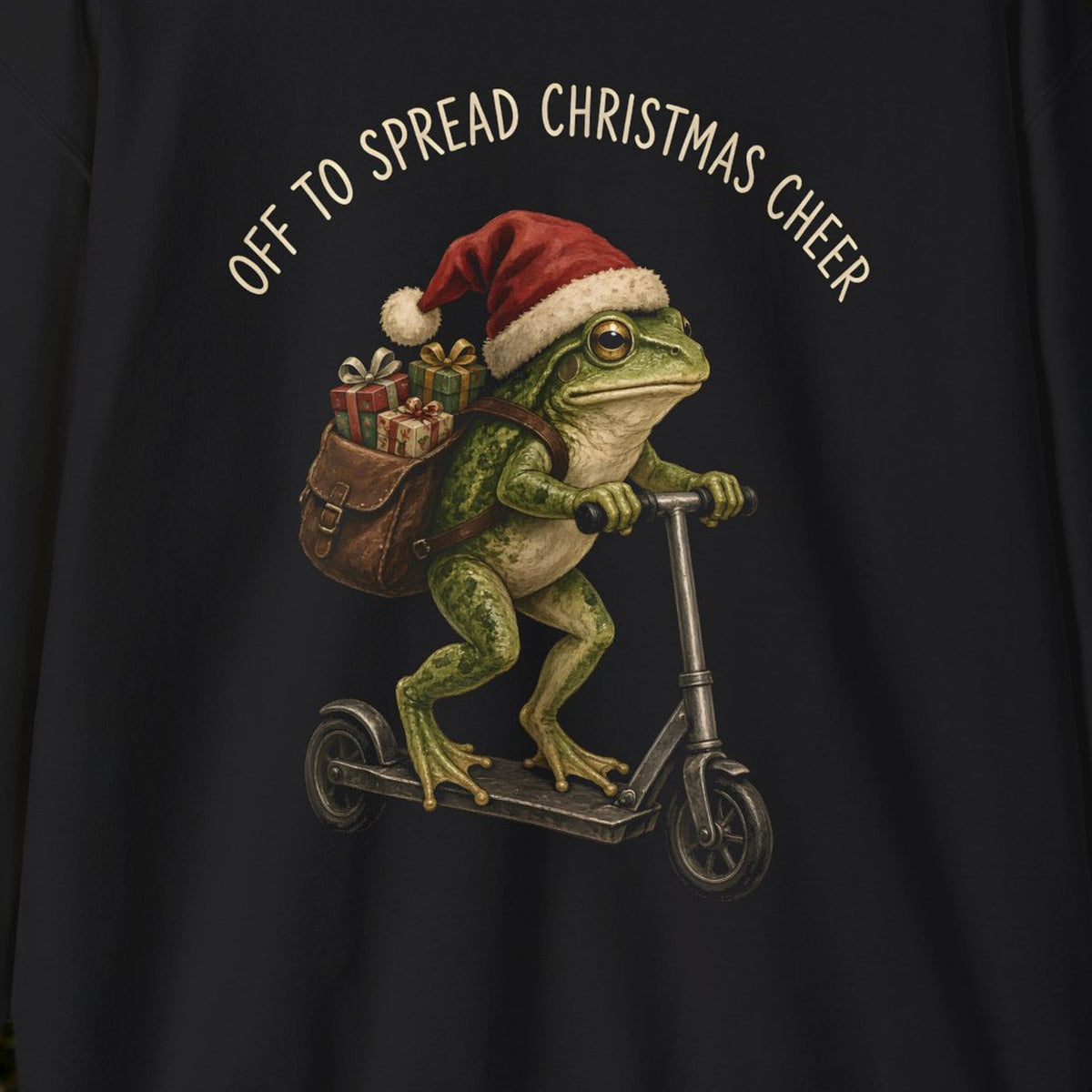 Off to Spread Christmas Cheer Christmas Sweatshirt – Black – front print close-up