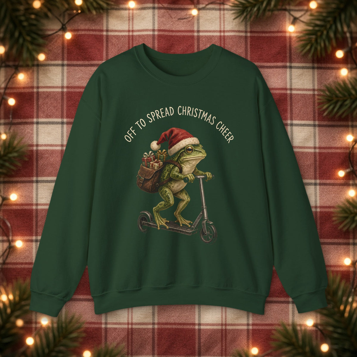 Off to Spread Christmas Cheer Christmas Sweatshirt – Forest Green – front