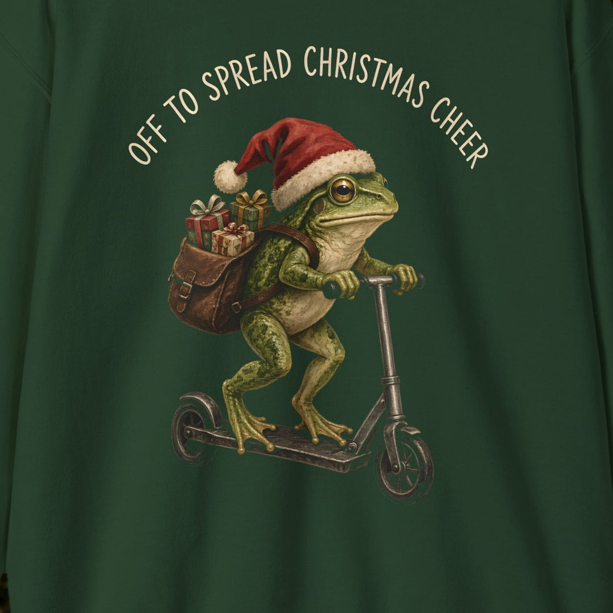 Off to Spread Christmas Cheer Christmas Sweatshirt – Forest Green – front print close-up