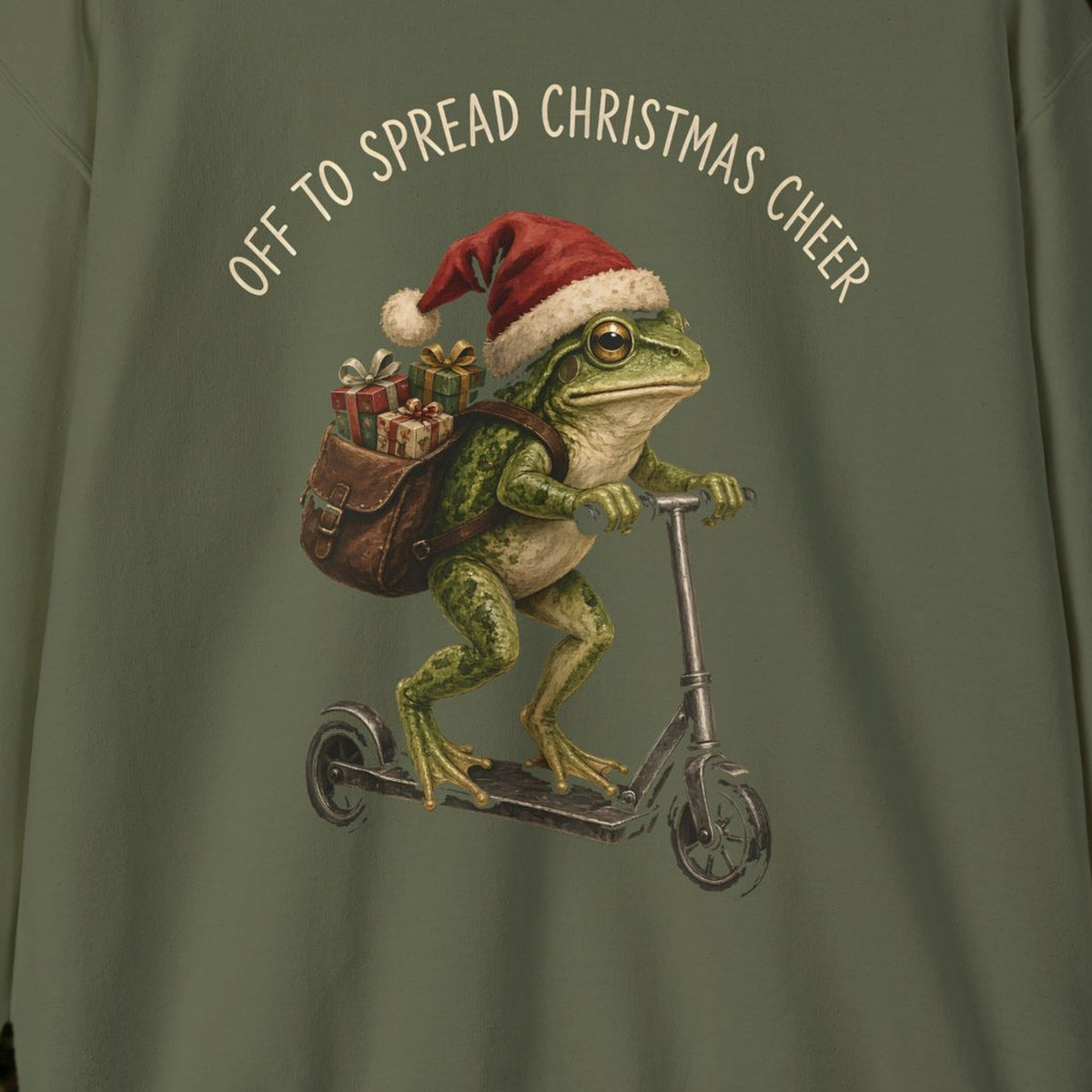 Off to Spread Christmas Cheer Christmas Sweatshirt – Military Green – front print close-up