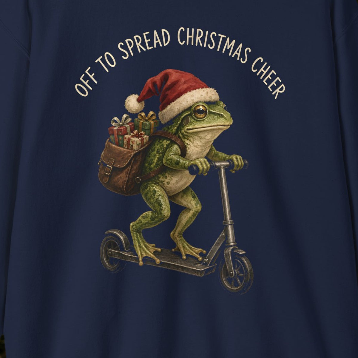 Off to Spread Christmas Cheer Christmas Sweatshirt – Navy – front print close-up