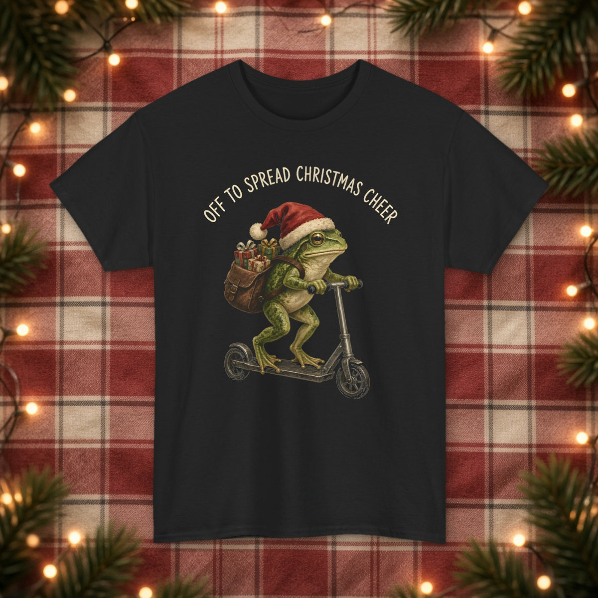 Off to Spread Christmas Cheer Christmas Tee – Black – front