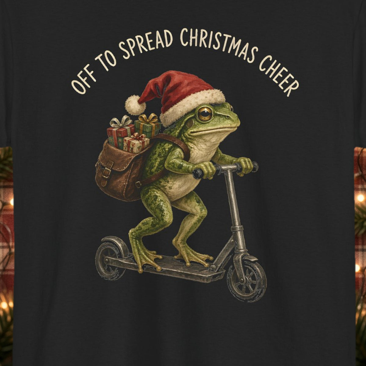 Off to Spread Christmas Cheer Christmas Tee – Black – front print close-up