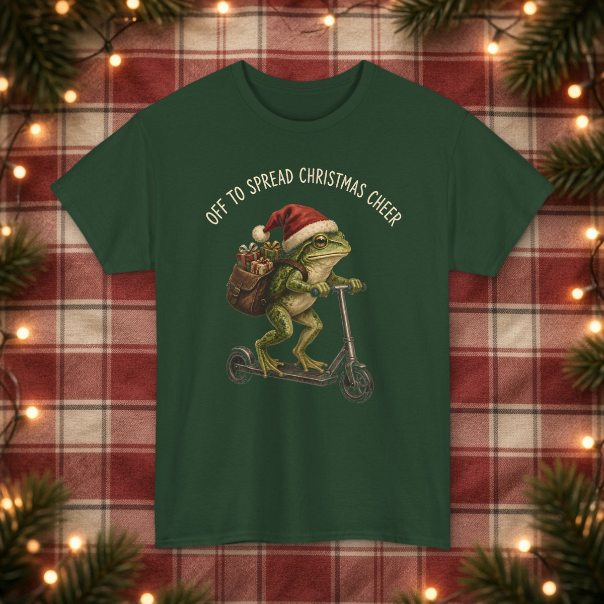 Off to Spread Christmas Cheer Christmas Tee – Forest Green – front