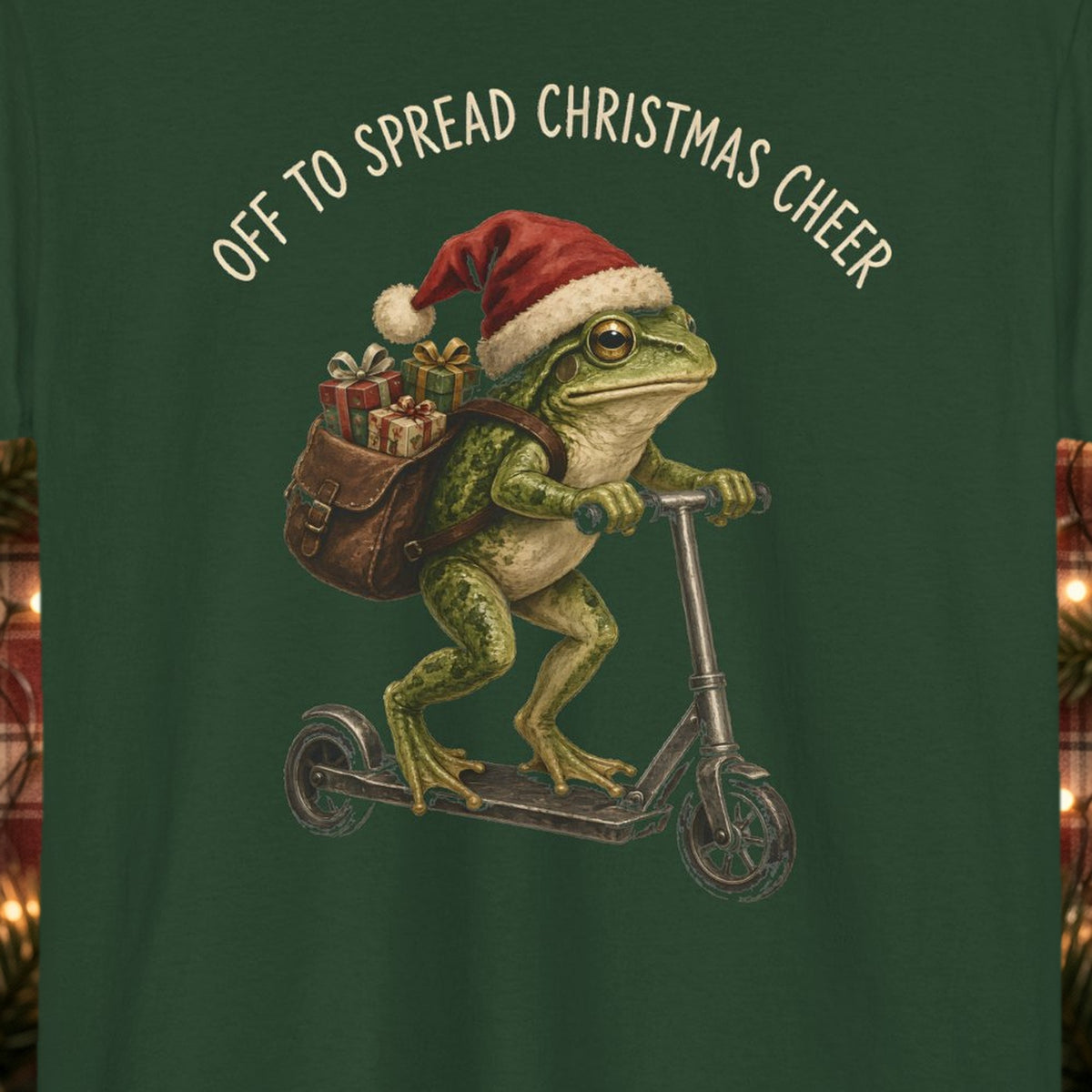 Off to Spread Christmas Cheer Christmas Tee – Forest Green – front print close-up