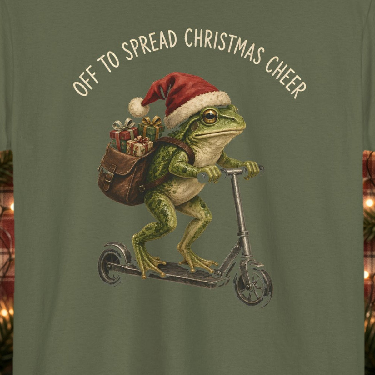Off to Spread Christmas Cheer Christmas Tee – Military Green – front print close-up