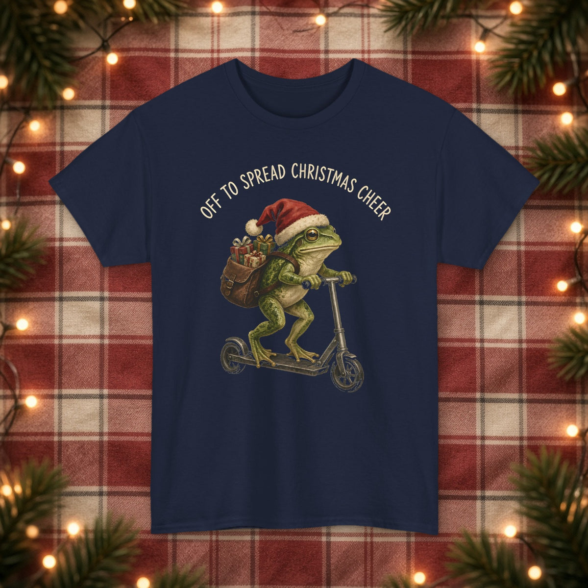 Off to Spread Christmas Cheer Christmas Tee – Navy – front