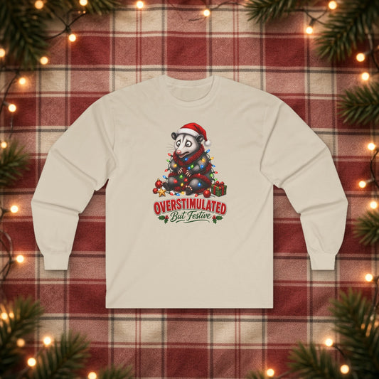 Overstimulated But Festive Christmas Long Sleeve Tee – Sand – front