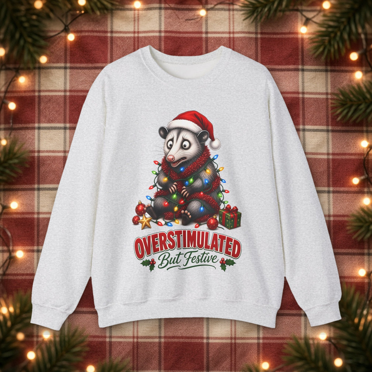 Overstimulated But Festive Christmas Sweatshirt – Ash – front