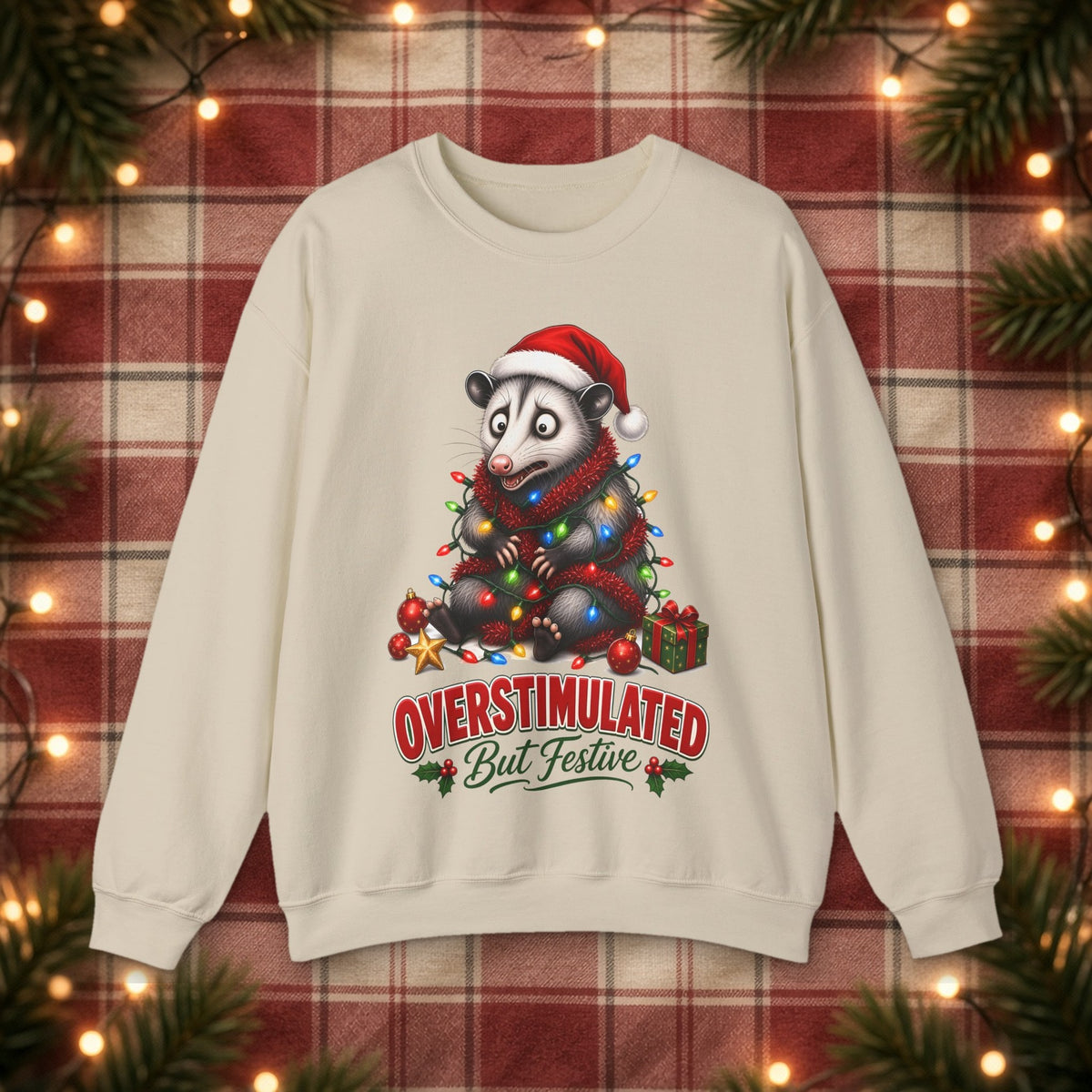 Overstimulated But Festive Christmas Sweatshirt – Sand – front