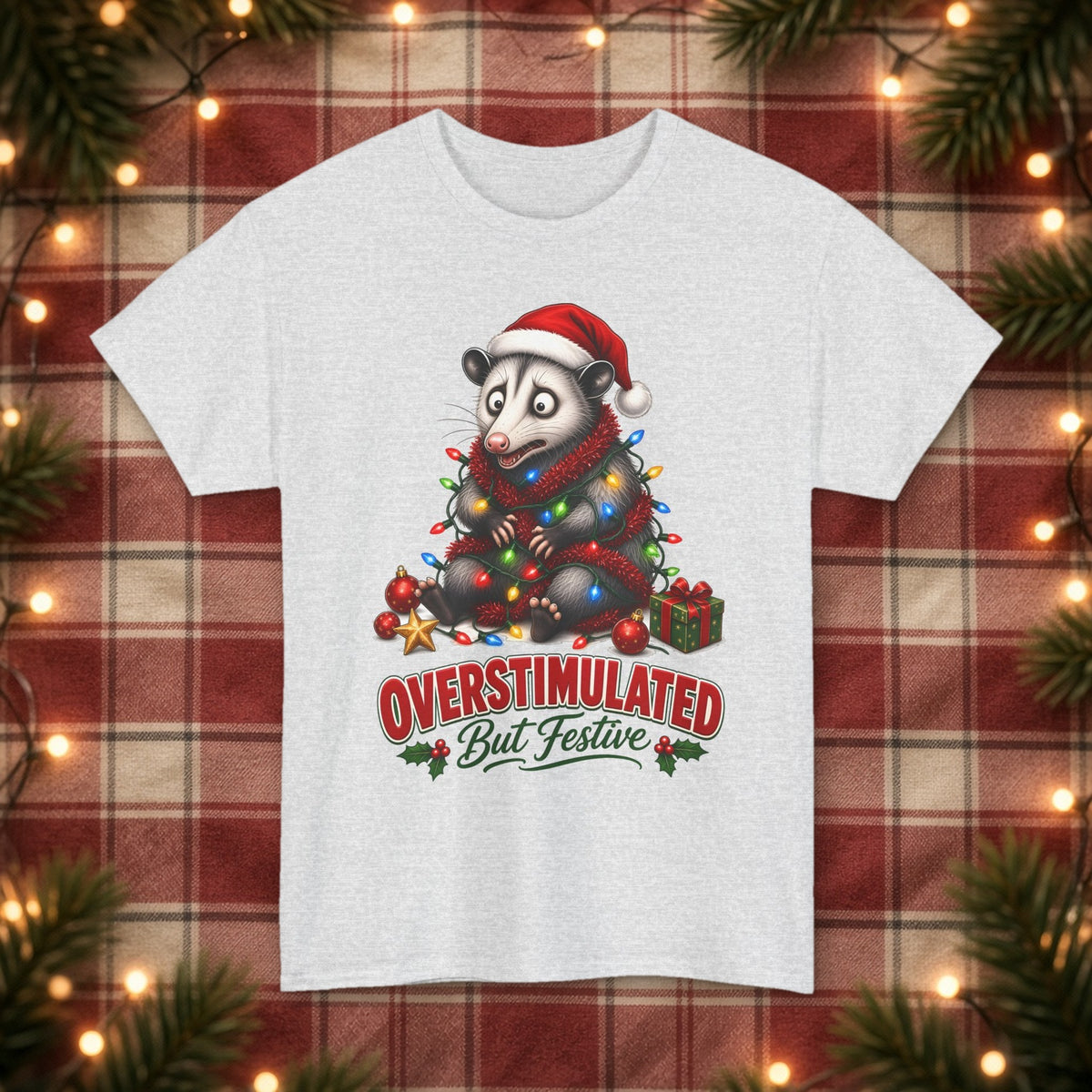 Overstimulated But Festive Christmas Tee – Ash – front