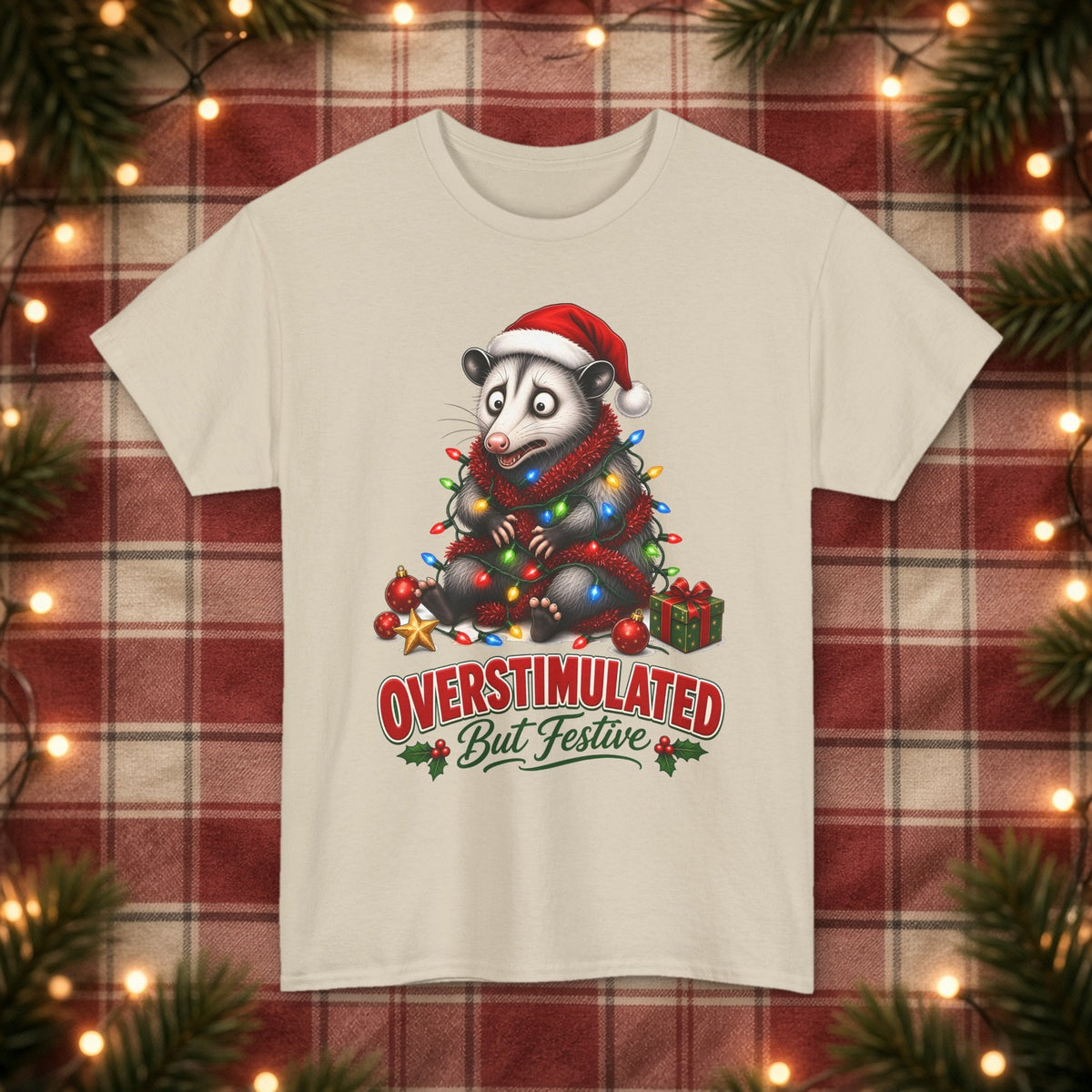 Overstimulated But Festive Christmas Tee – Sand – front