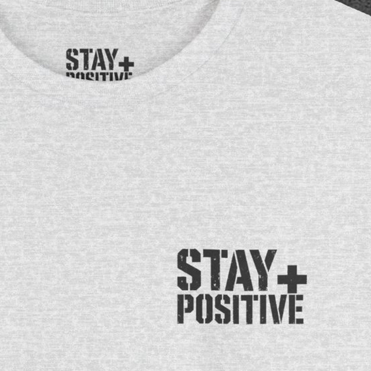 Quit Is Not in My Bloodline Tee – Stay Positive – Ash – front print close-up