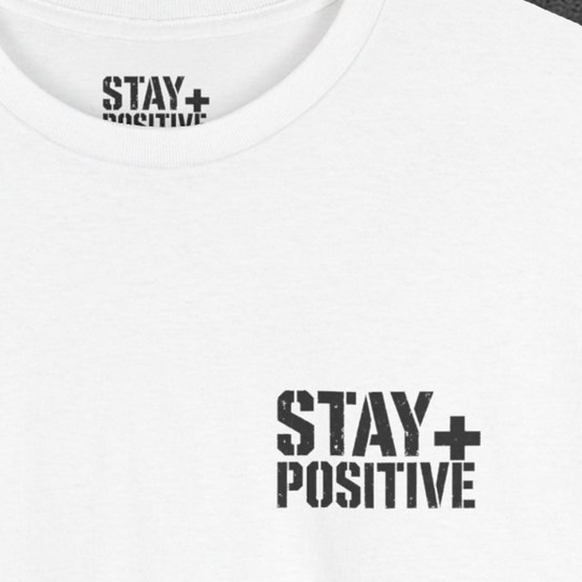 Quit Is Not in My Bloodline Tee – Stay Positive – White – front print close-up