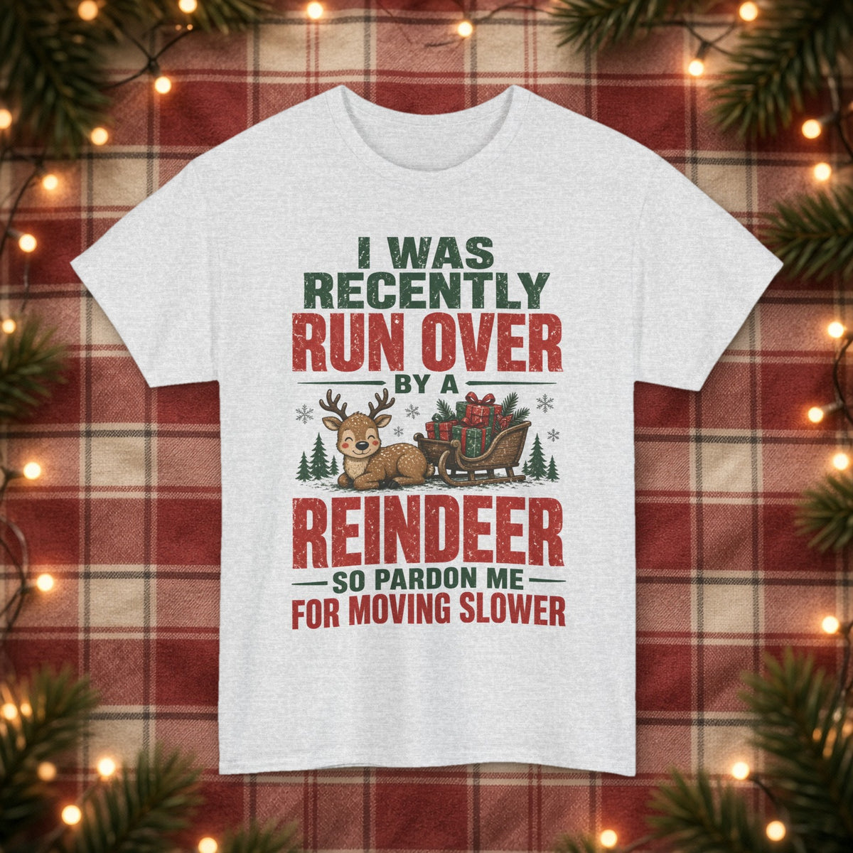 Run Over by a Reindeer Christmas Tee – Ash – front