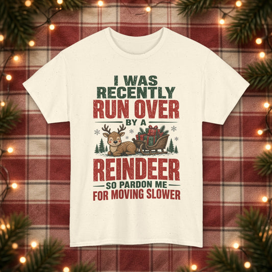 Run Over by a Reindeer Christmas Tee – Natural – front
