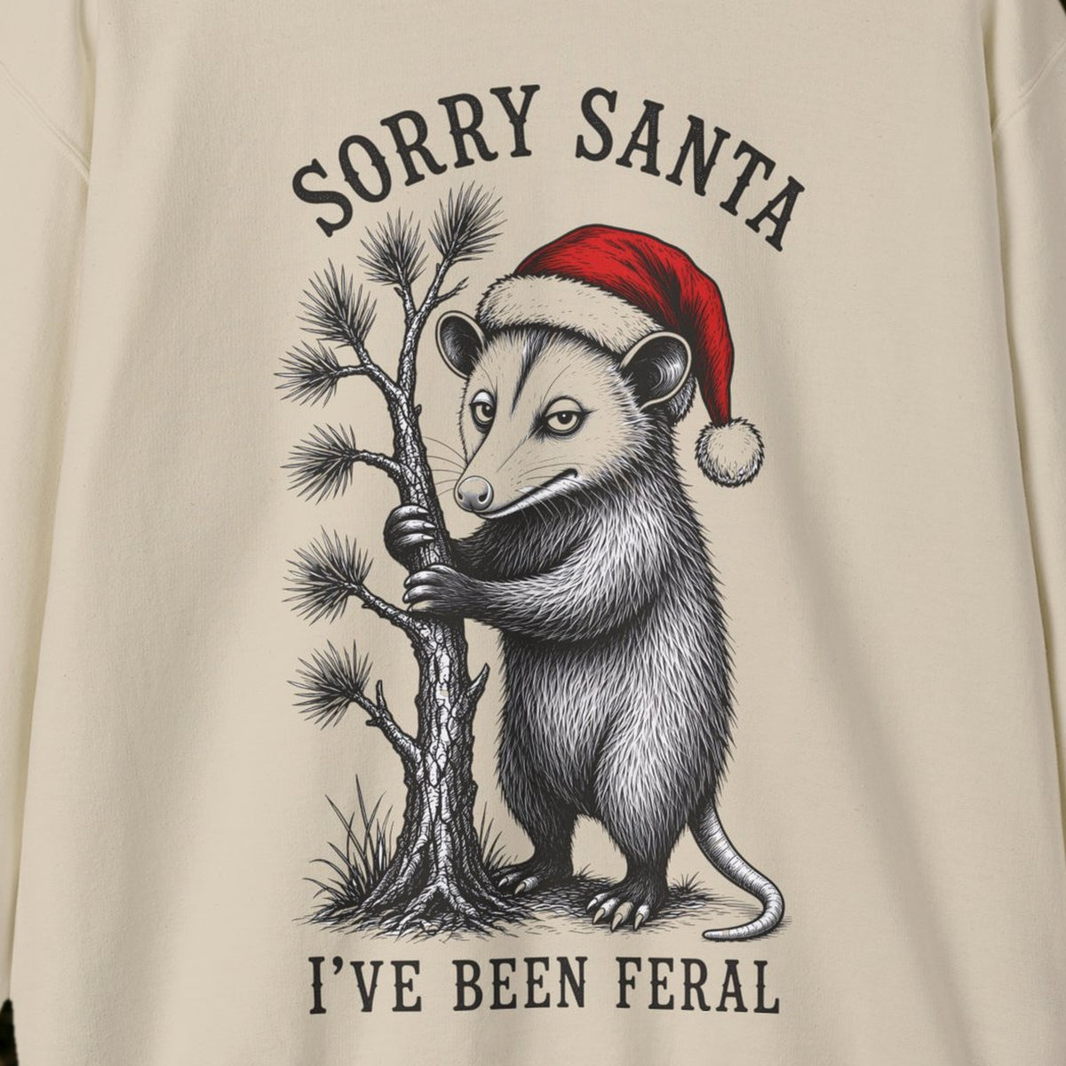 Sorry Santa, I've Been Feral Christmas Sweatshirt – Sand – front print close-up