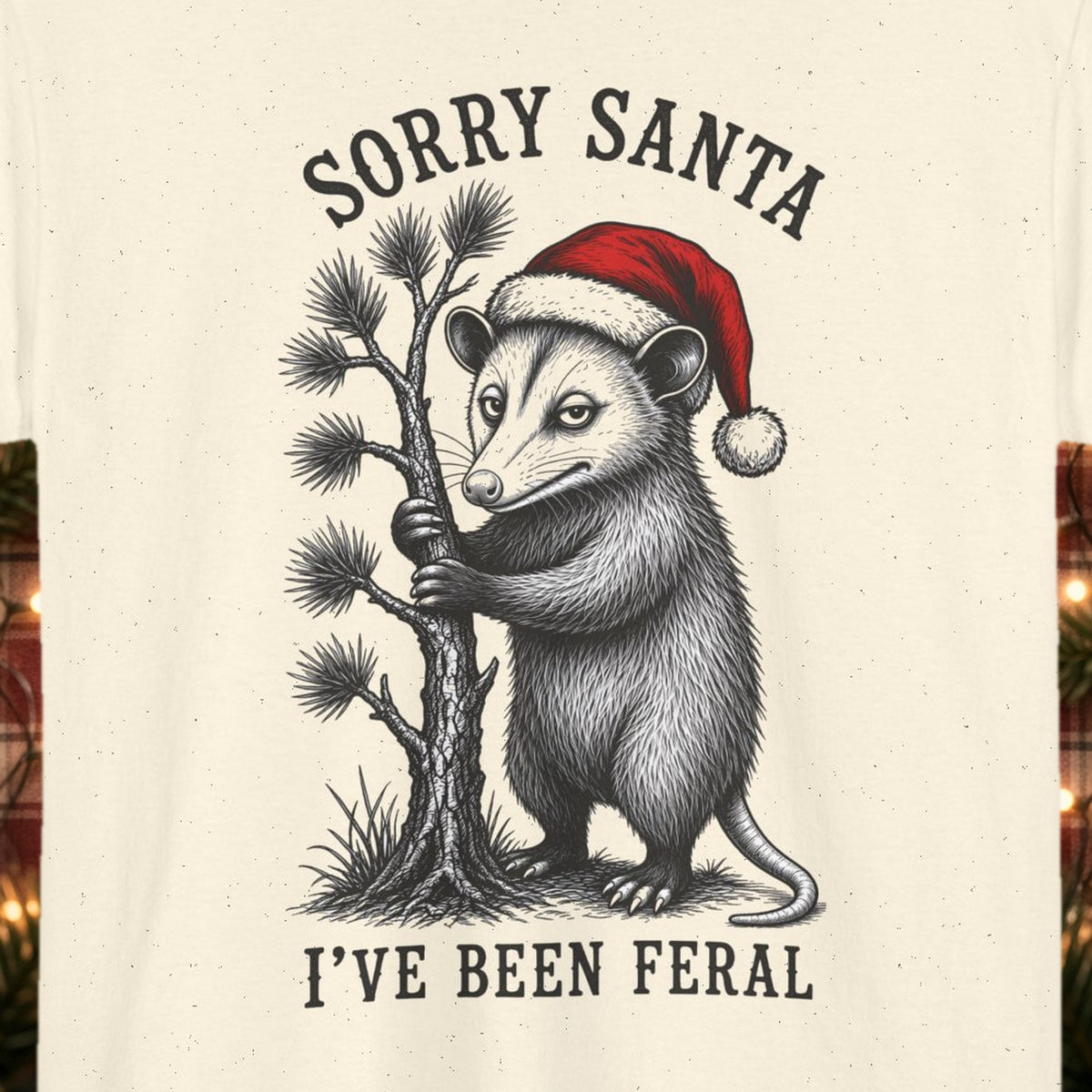 Sorry Santa, I've Been Feral Christmas Tee – Natural – front print close-up