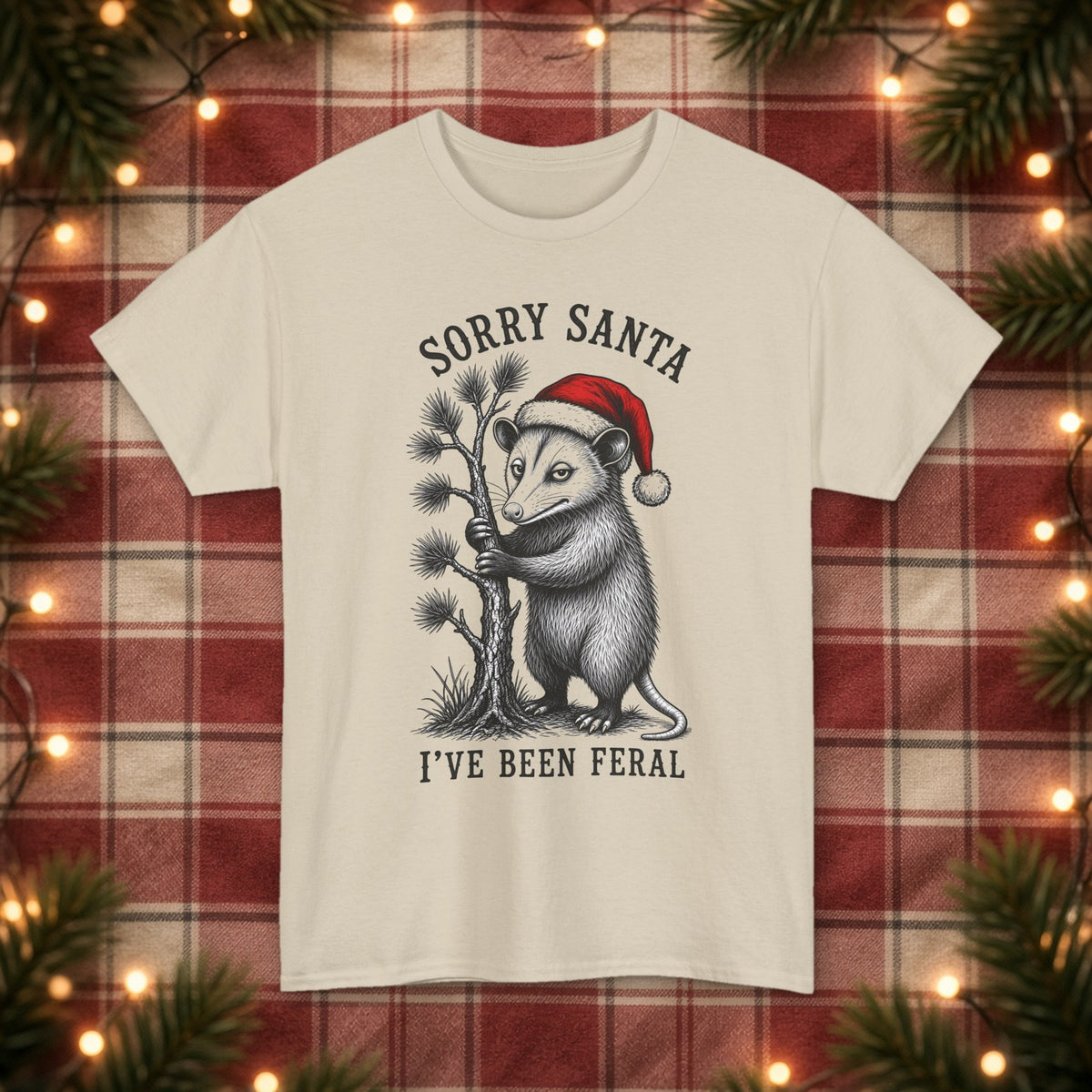 Sorry Santa, I've Been Feral Christmas Tee – Sand – front