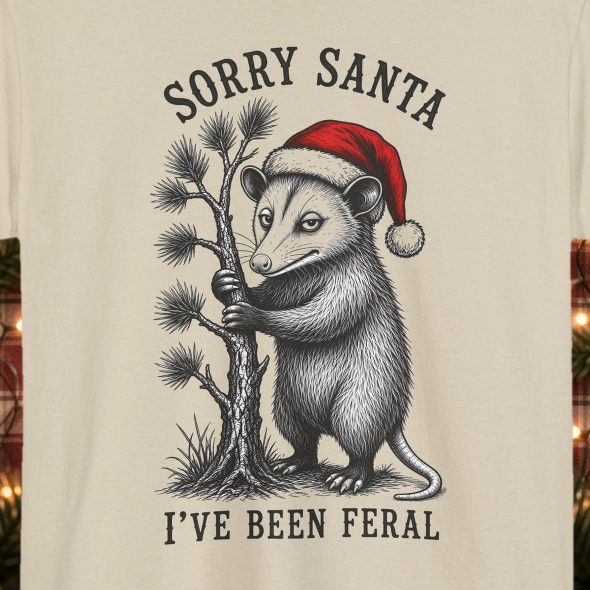 Sorry Santa, I've Been Feral Christmas Tee – Sand – front print close-up