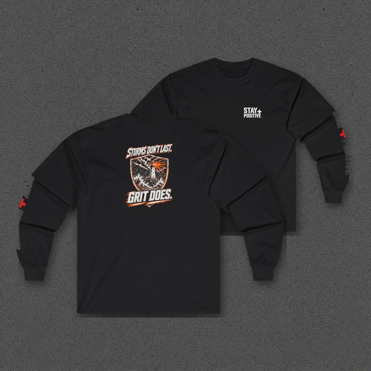 Storms Don't Last Long Sleeve Tee – Stay Positive – Black – two-shirt back print in front, other side offset behind