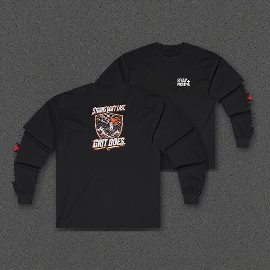 Storms Don't Last Long Sleeve Tee – Stay Positive – Black – two-shirt back print in front, other side offset behind