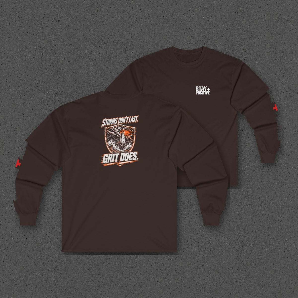 Storms Don't Last Long Sleeve Tee – Stay Positive – Dark Chocolate – two-shirt back print in front, other side offset behind