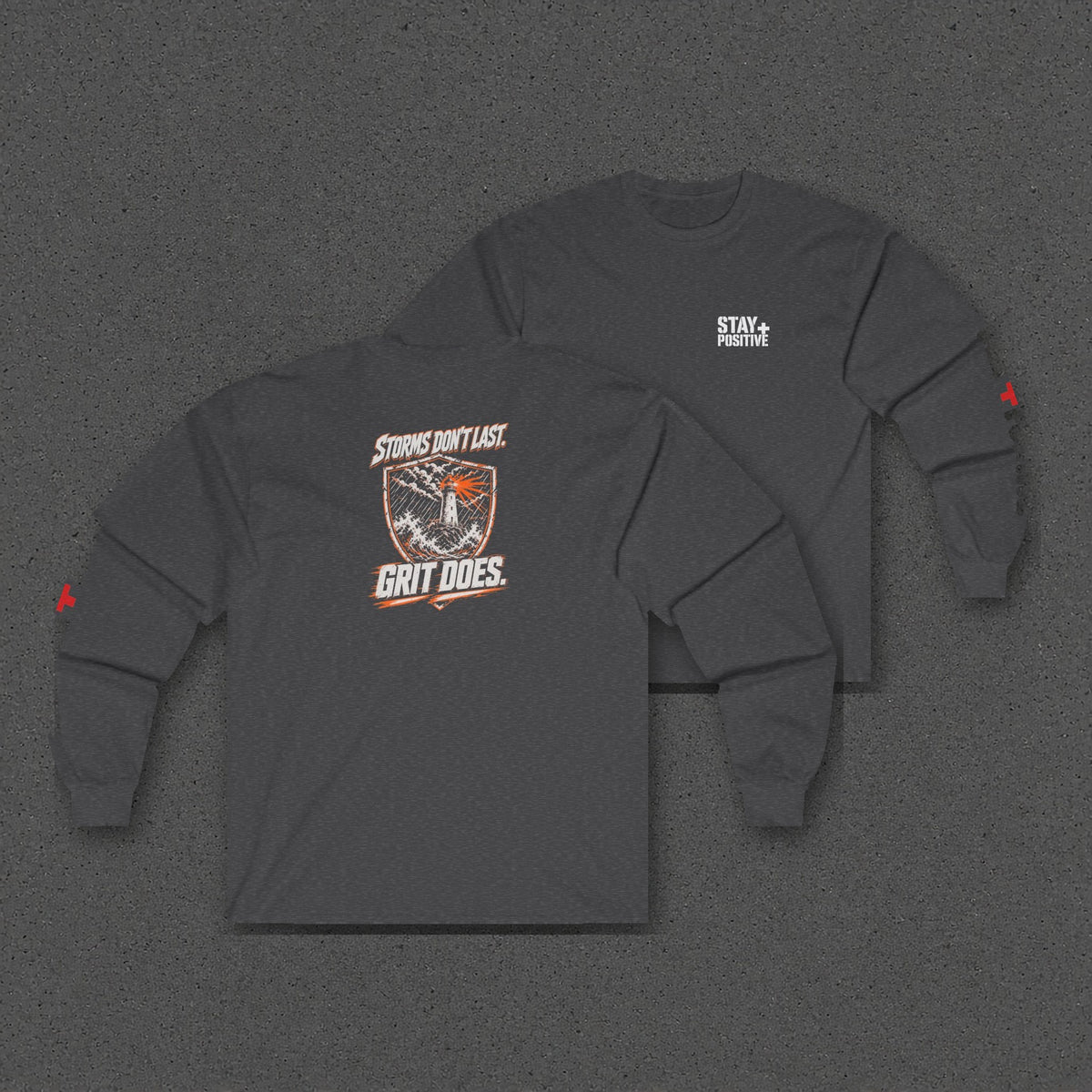 Storms Don't Last Long Sleeve Tee – Stay Positive – Dark Heather – two-shirt back print in front, other side offset behind