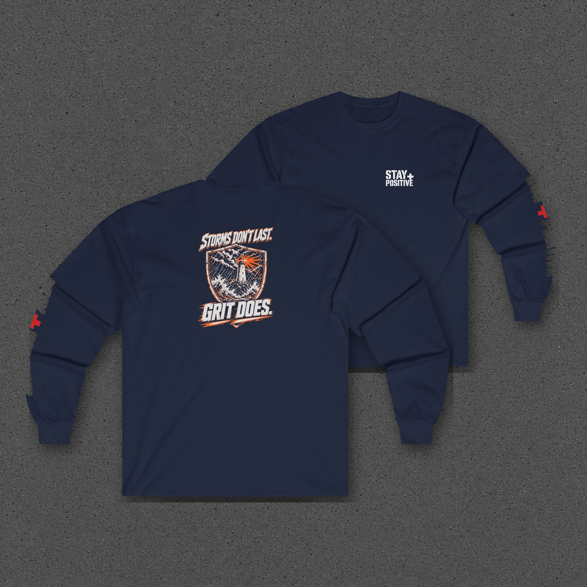 Storms Don't Last Long Sleeve Tee – Stay Positive – Navy – two-shirt back print in front, other side offset behind