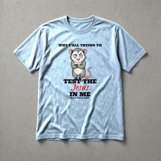 Why Y'all Trying to Test the Jesus in Me possum tee – Light Blue