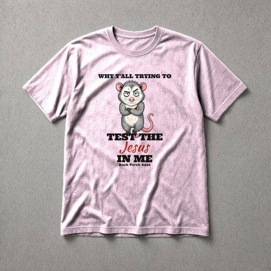 Why Y'all Trying to Test the Jesus in Me possum tee – Light Pink