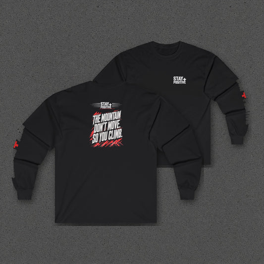 The Mountain Don't Move Long Sleeve Tee – Stay Positive – Black – two-shirt back print in front, other side offset behind