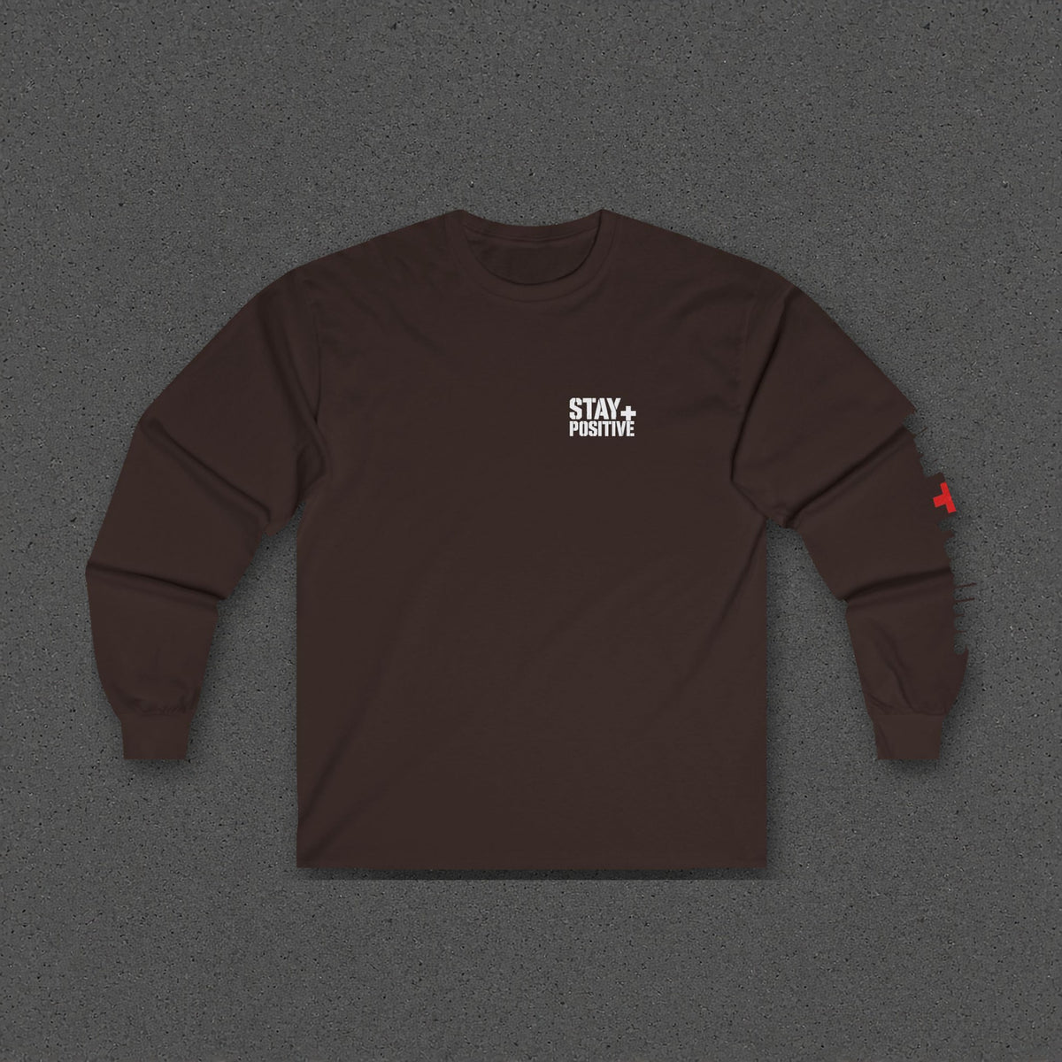 The Mountain Don't Move Long Sleeve Tee – Stay Positive – Dark Chocolate – front