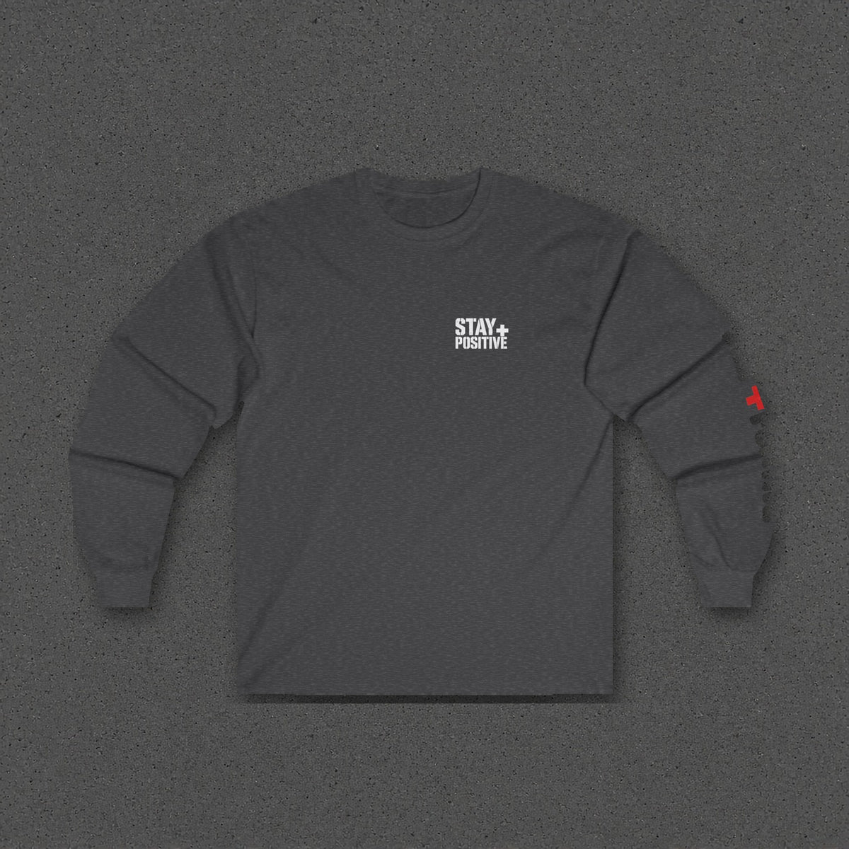 The Mountain Don't Move Long Sleeve Tee – Stay Positive – Dark Heather – front