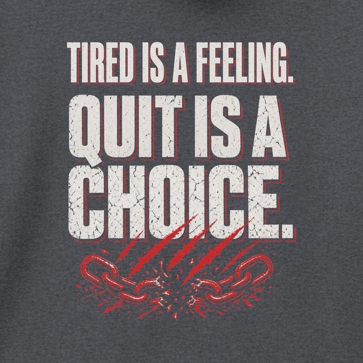 Tired Is a Feeling Hoodie in Charcoal, close-up of the print – Stay Positive