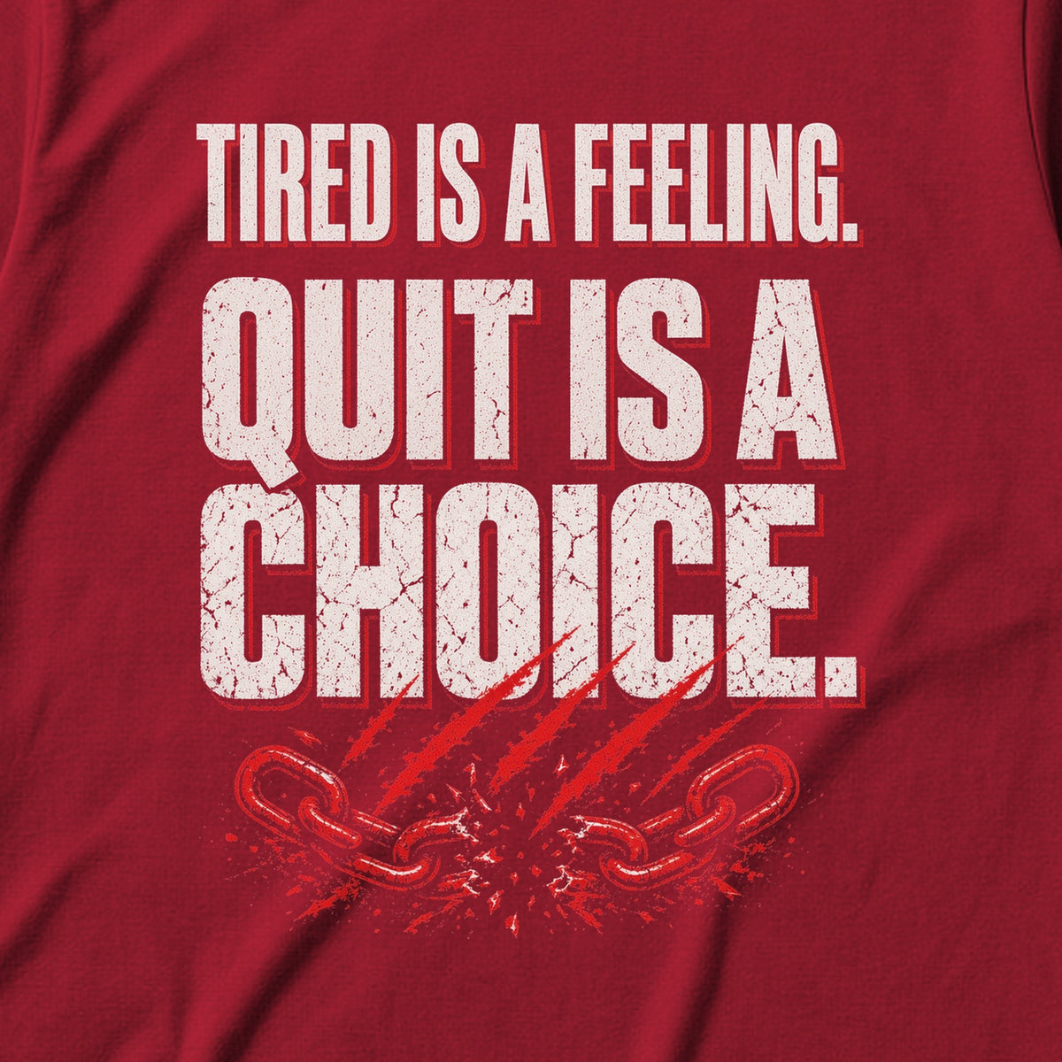 Tired Is a Feeling Tee in Cardinal Red, close-up of the print – Stay Positive