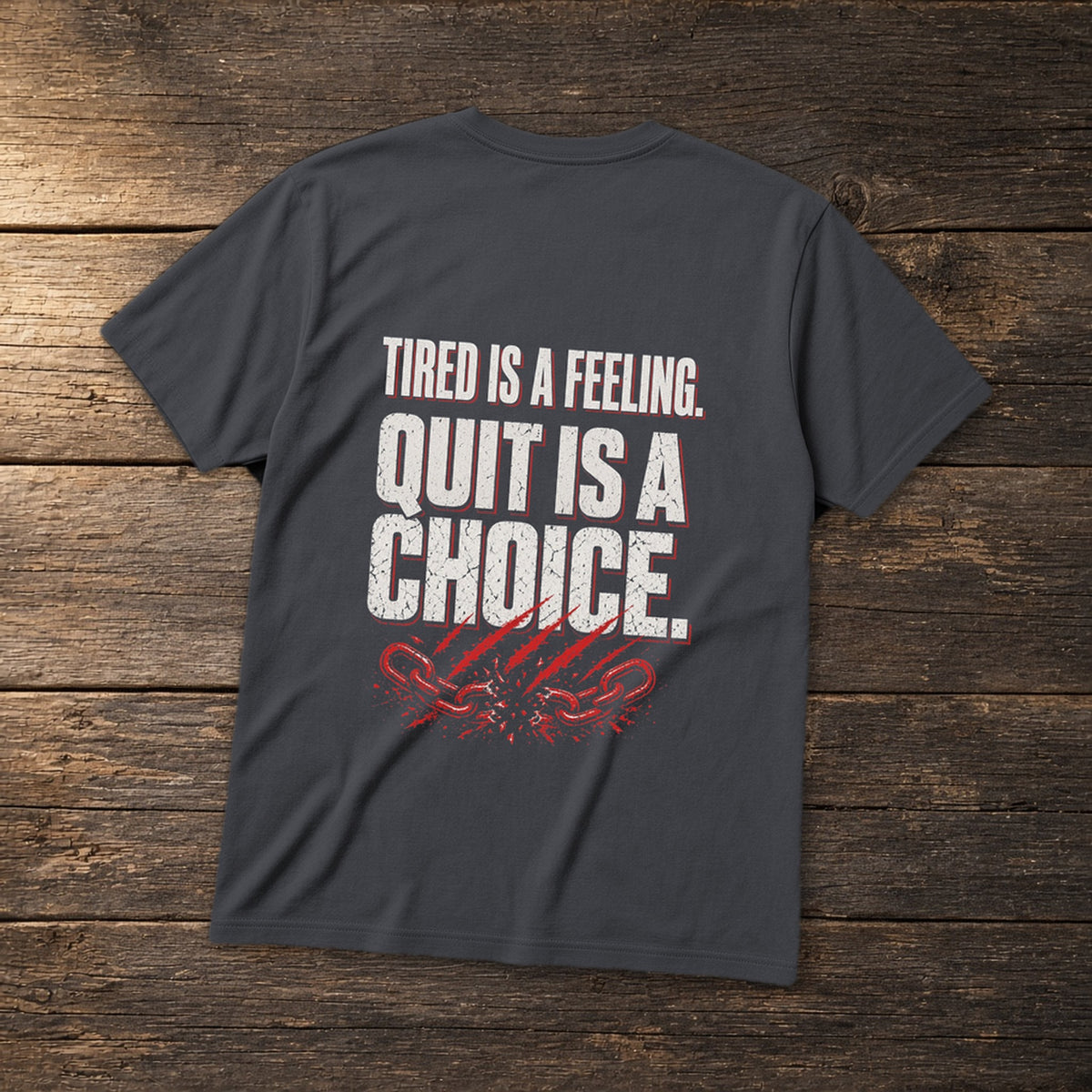 Tired Is a Feeling Tee in Dark Heather, flat lay – Stay Positive
