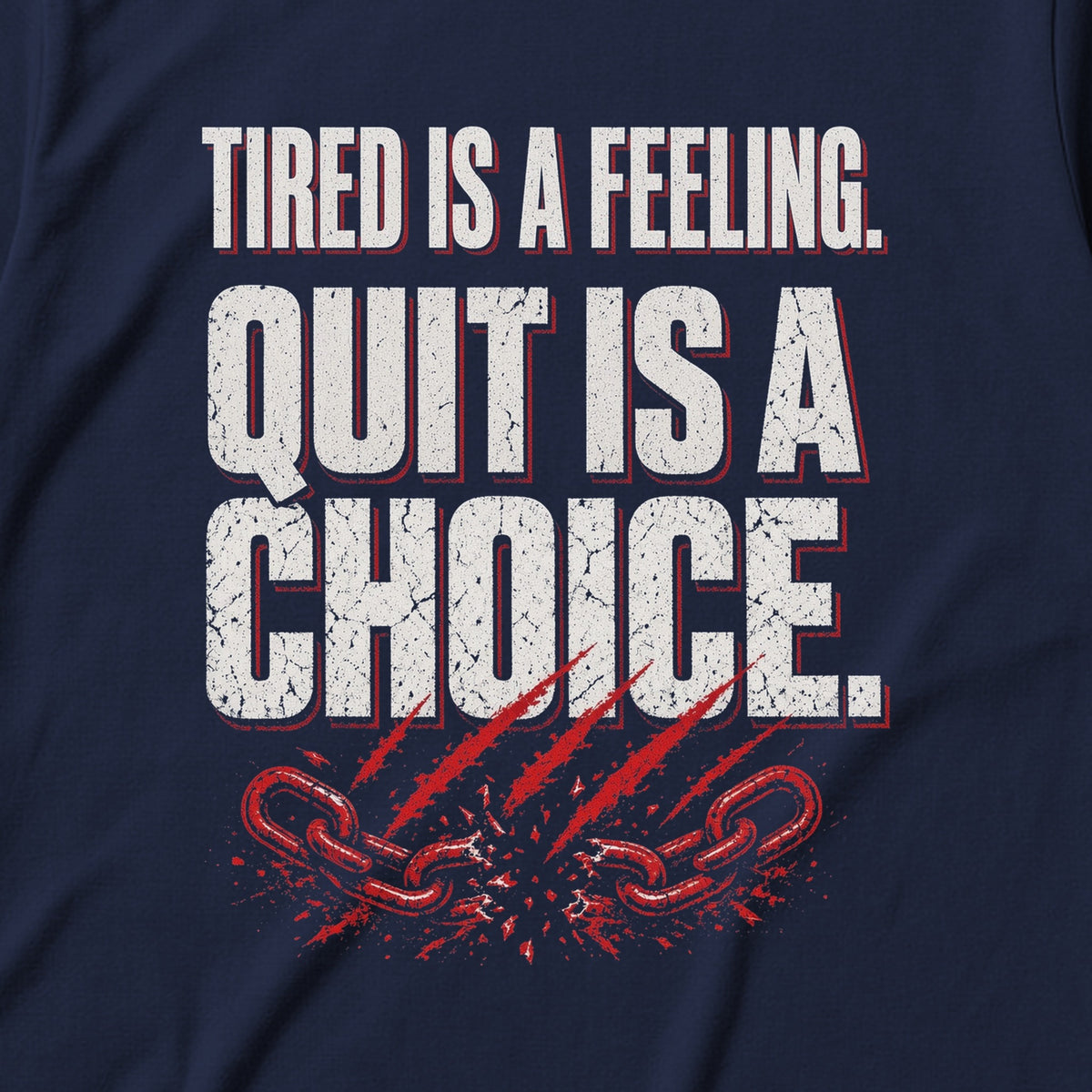 Tired Is a Feeling Tee in Navy, close-up of the print – Stay Positive
