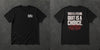 Black t-shirt with white Stay Positive chest logo and distressed white 'Tired Is a Feeling. Quit Is a Choice.' back print with red cracks – Stay Positive by The Hillbillies, front and back view