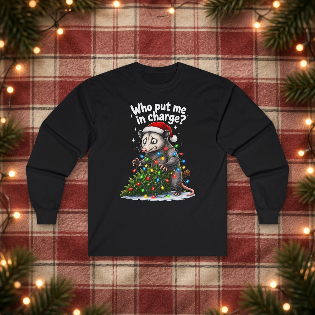 Who Put Me in Charge? Christmas Long Sleeve Tee – Black – front