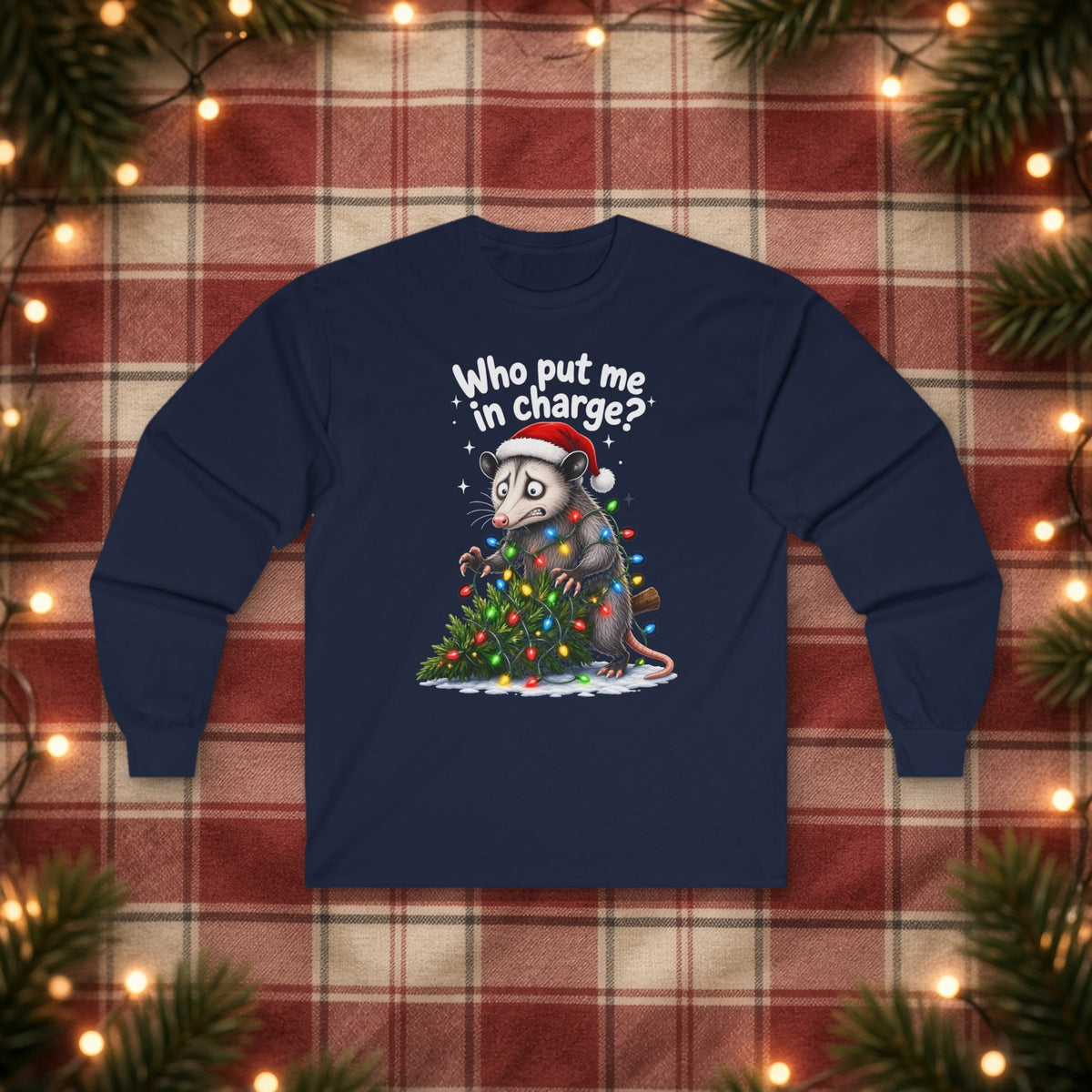 Who Put Me in Charge? Christmas Long Sleeve Tee – Navy – front