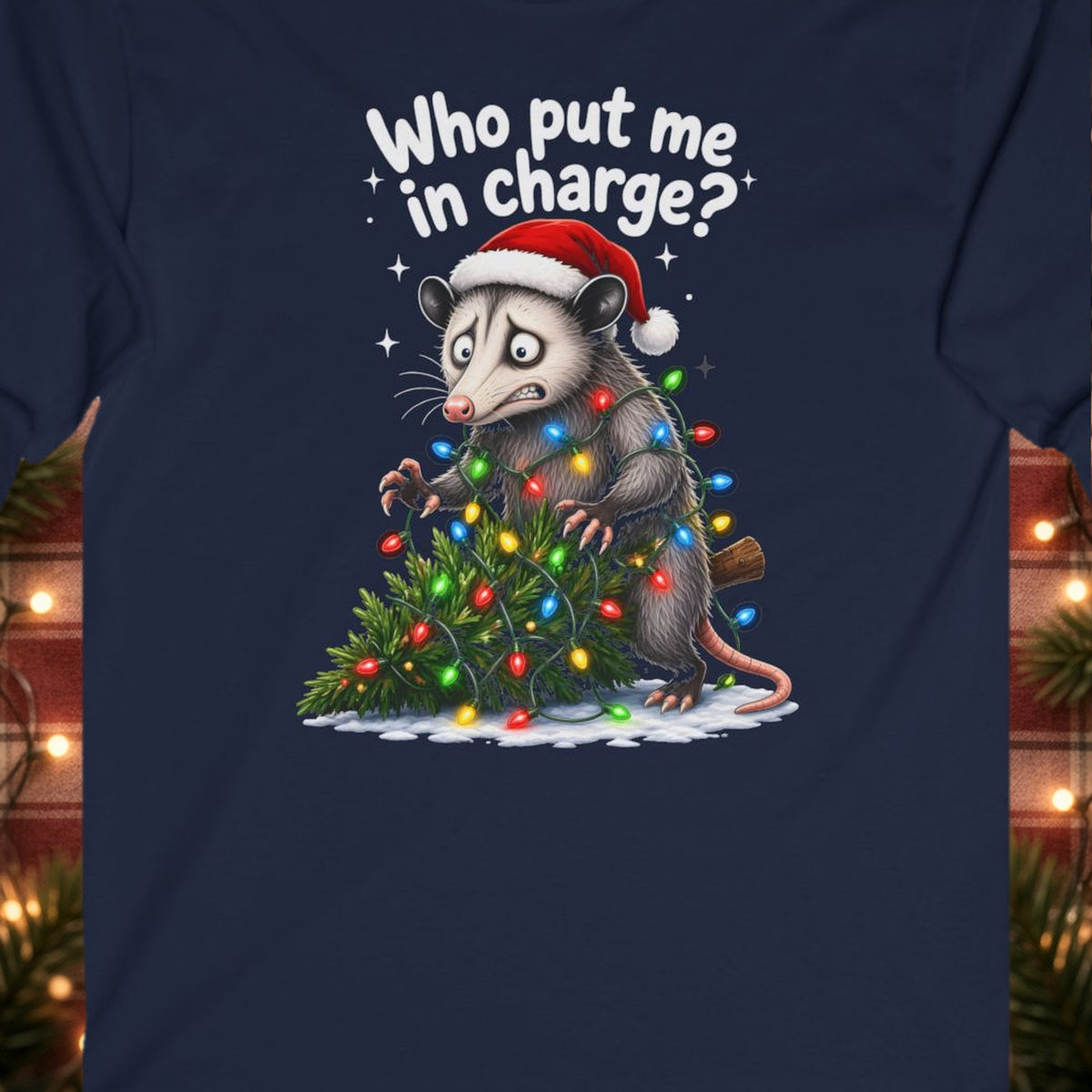 Who Put Me in Charge? Christmas Long Sleeve Tee – Navy – front print close-up