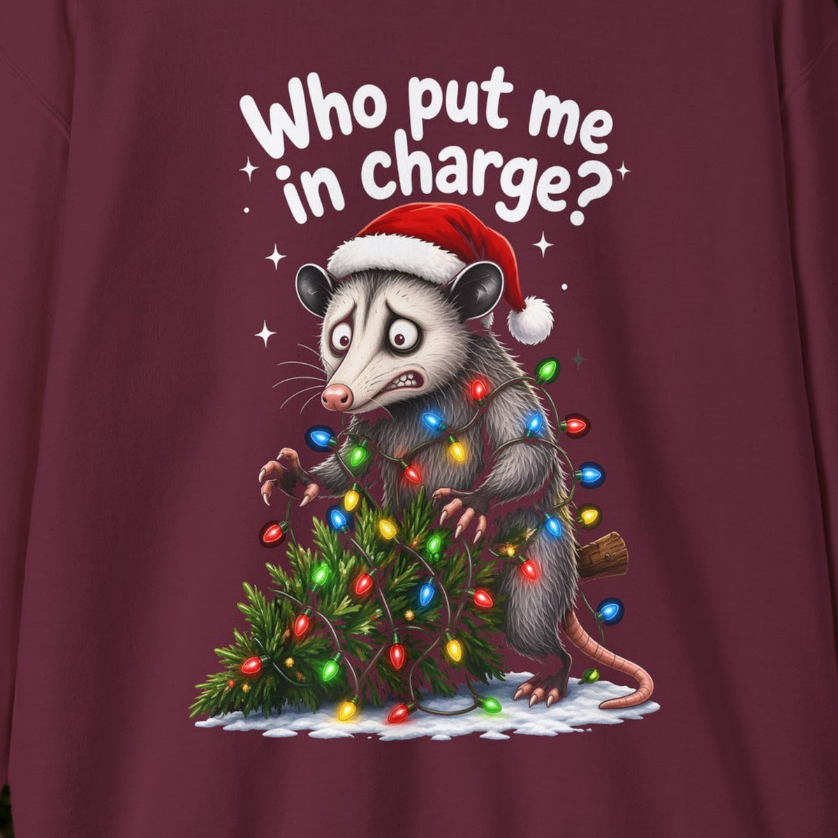 Who Put Me in Charge? Christmas Sweatshirt – Maroon – front print close-up