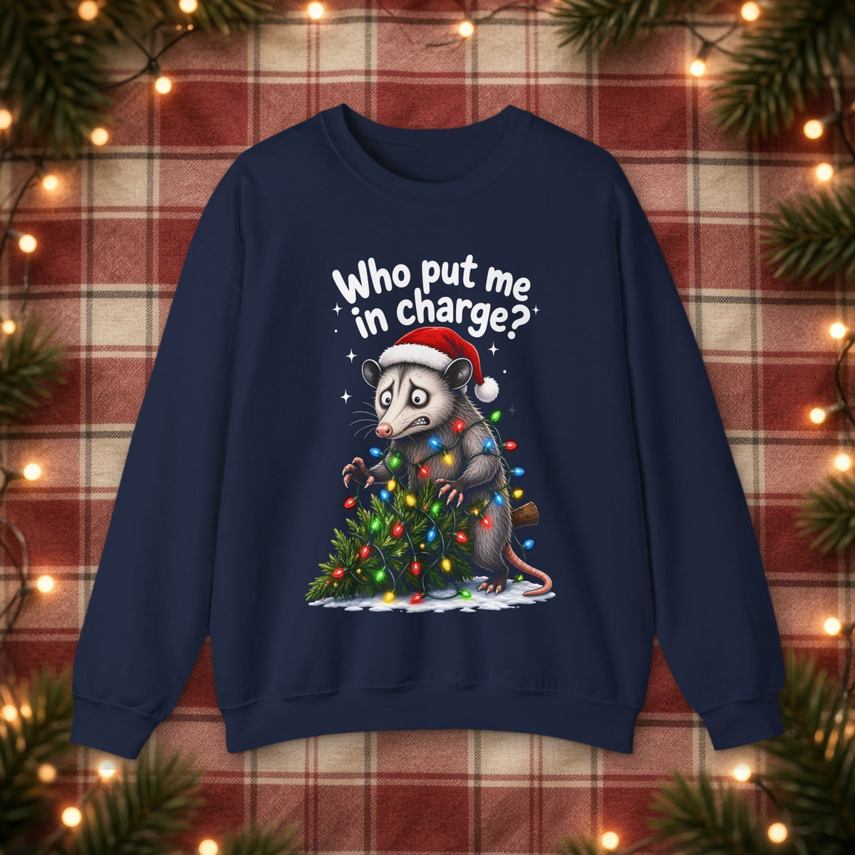 Who Put Me in Charge? Christmas Sweatshirt – Navy – front