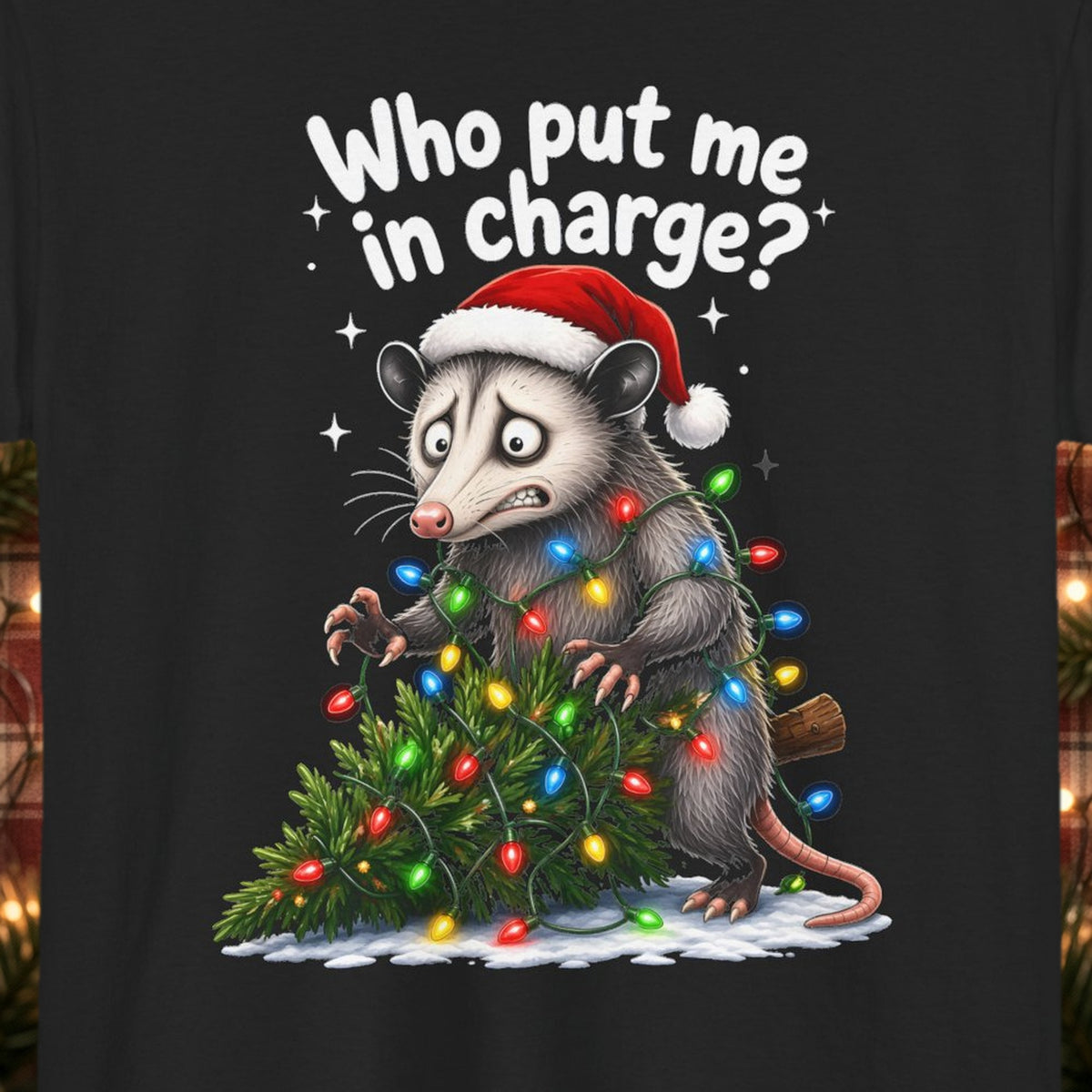 Who Put Me in Charge? Christmas Tee – Black – front print close-up